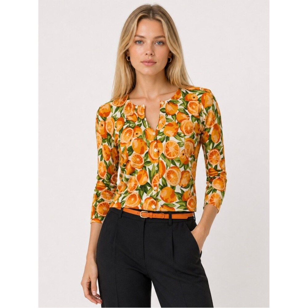 Garnet Hill Orange Fruit Print Merino Wool Cardigan Sweater Small Button Front